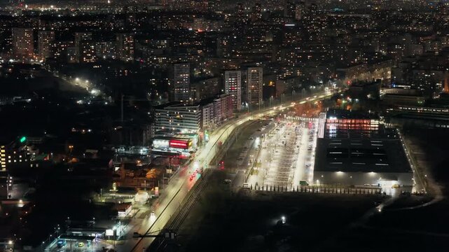 Sofia City Night: Aerial View of Traffic and Paradise Center Mall