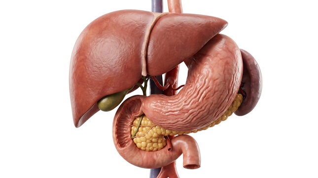 Detailed 3D Medical Illustration of Human Digestive System Organs Including Liver Stomach Pancreas