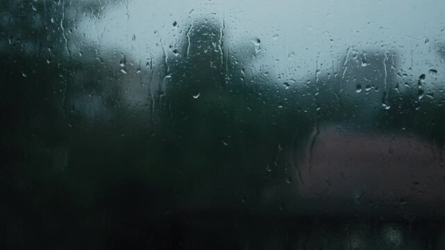 Raindrops stream down a window pane during a heavy downpour, creating a blurry and distorted view of the green trees outside. This moody shot captures the cozy, melancholy atmosphere of a stormy day.