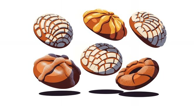 Traditional Mexican Pan Dulce Collection with Conchas and Pan de Muerto Illustrated Graphics on Isolated White