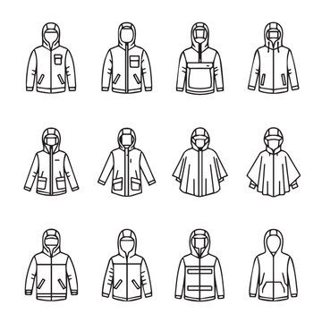 Various styles of hooded jackets and ponchos presented in a clean line art composition on a white backdrop