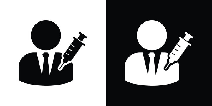 Patient or businessman icon getting a vaccine injection. Vector silhouette illustration of immunization isolated on black and white backgrounds.