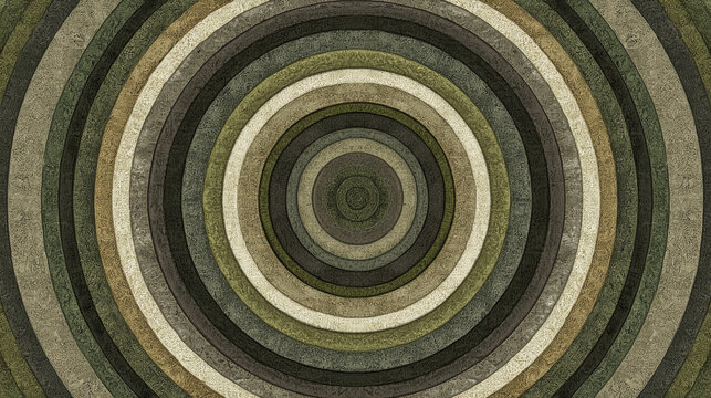 Textured concentric circles in earthy greens, browns, and creams, creating a rough, abstract, organic pattern