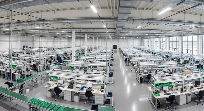 Modern manufacturing factory with assembly lines and workstations under bright overhead lighting