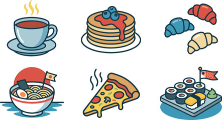 Breakfast and Global Fast Food Icon Set with Coffee Pancakes Croissants Japanese Ramen Pizza Slice and Sushi Roll Vector Illustration for Cafe Menu Designs © MstAnzu