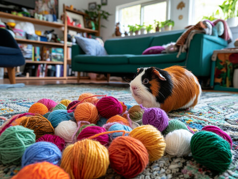 Tricolor guinea pig sits near scattered colorful yarn balls on a patterned rug in a bright living room with a teal sofa