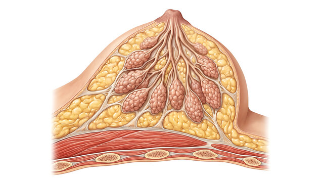 Detailed medical illustration of female breast anatomy with mammary glands and adipose tissue