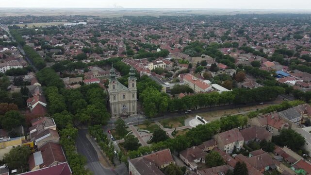 Drone view of the St. Theresa of Avila Cathedral Subotica, Serbia. 4K.