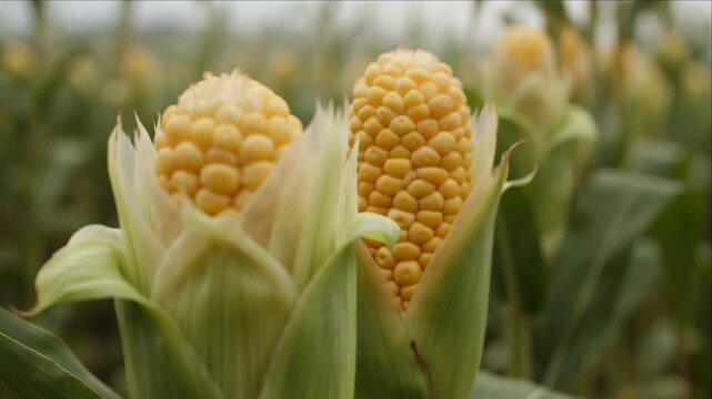 Cinematic corn maize crop field forest background closeup ear of fresh sweet corn stalk with green leaf organic agriculture crop green field with soft forest background and warm natural light