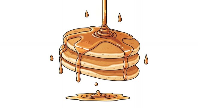 Delicious stack of fluffy pancakes with sweet golden maple syrup pouring down isolated on a clean white background vecto