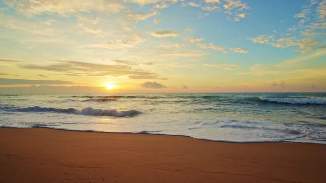 Beautiful sky sunset or sunrise over sea surface beautiful wave Amazing light twilight sky sunset. Cinematic footage beautiful light of nature seascape Landscape