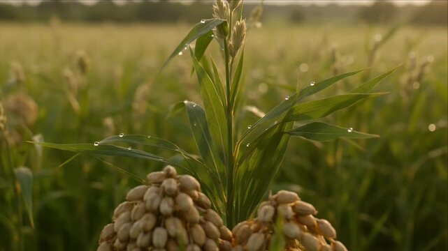 Cinematic morning agriculture field with dew on sorghum plant and cereal grain crop, macro oat stalk closeup in forest background, organic nature farming landscape and rural field crop scene