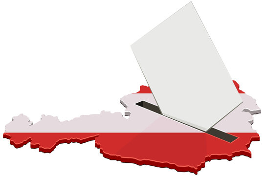 Vector artwork symbolizing political elections, democratic voting, national referendum, and citizen participation inside the map of Austria, (cut out)