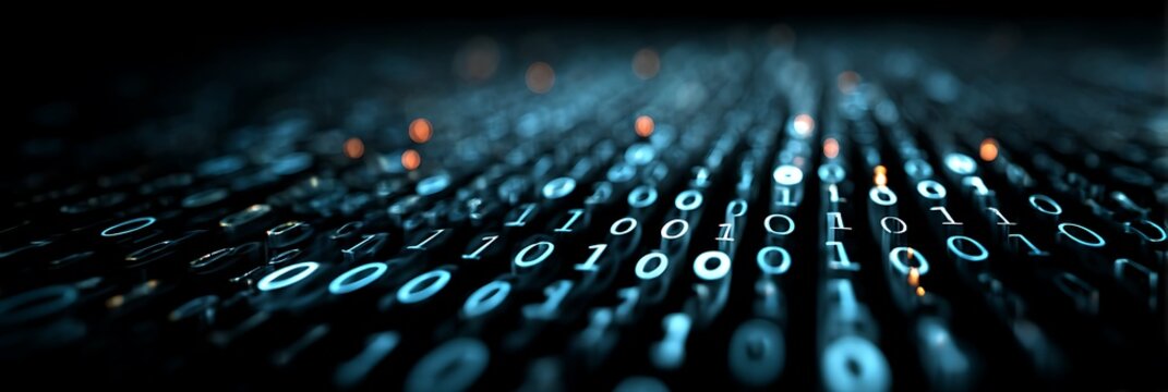 Binary code stream with glowing blue digits flowing through digital space representing complex data processing and information technology infrastructure for modern computing