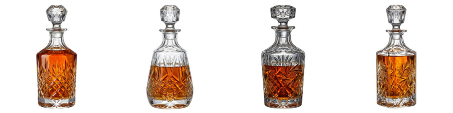 Luxury Crystal Whiskey Decanters Set: Vintage Glass Liquor Bottles with Stoppers, Amber Bourbon Brandy Carafe, Barware Drinkware Collection Isolated White Background Stock