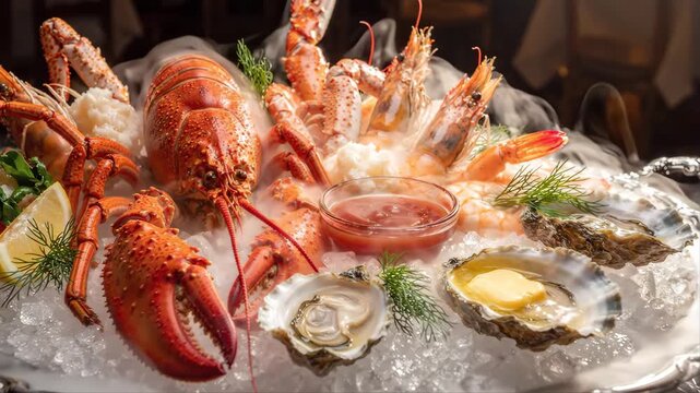 Lobsters and Seafood Displayed on Ice with Garnishes and Dipping Sauce Featuring Lobster, Shrimp, Oysters with Garnish and Fresh Elements