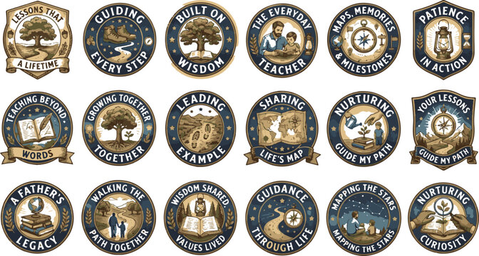 Family tree of wisdom and guidance vintage round badge vector emblem set