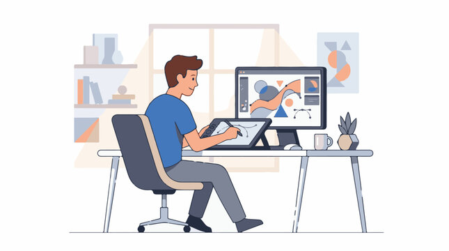 A man sits at a desk working on a computer and drawing tablet