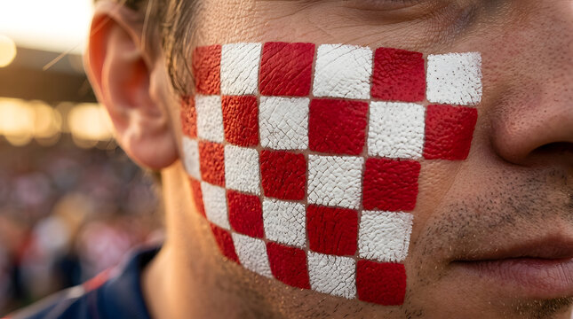 Close-up of male sports fan with Croatian flag face paint | Red and white checkered pattern on cheek for soccer match | Enthusiastic supporter at stadium during national championship game event