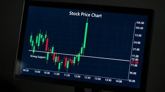 A digital screen displaying a stock market candlestick chart showing a strong support level and upward price trend.