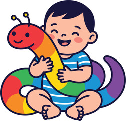 Cute Cartoon Baby Boy in Blue Striped Shirt Sitting and Hugging a Large Rainbow Caterpillar Plush Toy for Early Childhood Development Designs