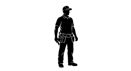 Obraz premium Black silhouette of a construction worker wearing a hard hat and a tool belt standing in a professional pose