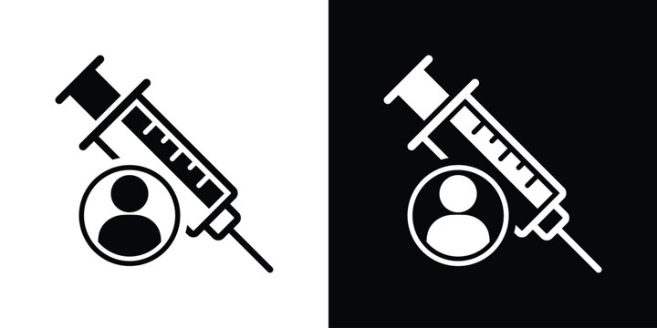 Personal vaccination or patient injection icon. Syringe combined with a user profile symbol, set against minimalist black and white backgrounds.