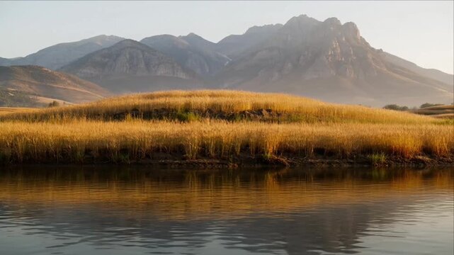 Cinematic golden field reflection forest mountain background sunrise serene landscape nature calm water atmosphere wild rural wilderness outdoor travel adventure scenic photography art scenery