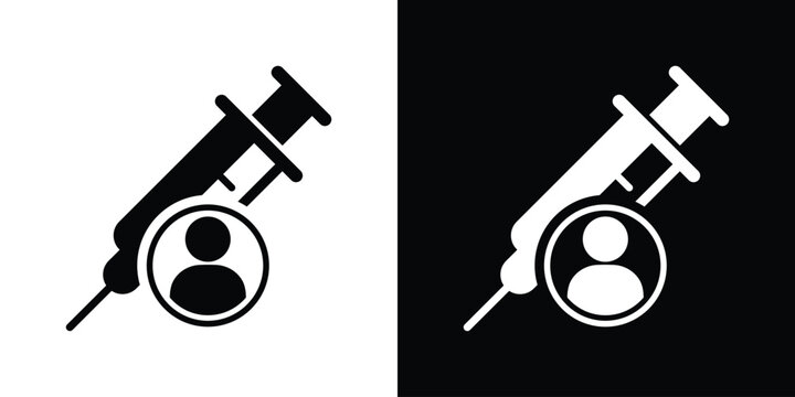 Personal vaccination or patient injection icon. Syringe combined with a user profile symbol, set against minimalist black and white backgrounds.