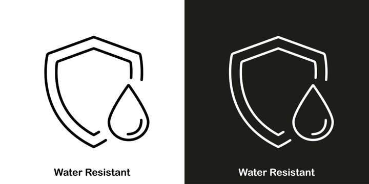 Water resistant. Vector editable stroke icon with shield and drop.