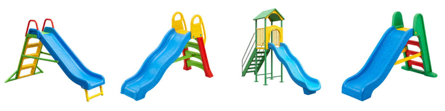 Colorful Children Playground Slides Set: Plastic Outdoor Kids Chutes, Backyard Garden Play Equipment, Preschool Park Recreation Fun Elements Isolated White Background Stock