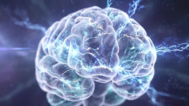 Abstract glowing human brain with electrical impulses and neural connections.