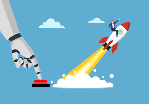 start up new business project robotic hand push the button launch the rocket with man vector illustration 