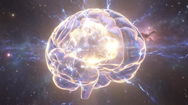 Abstract glowing human brain with electrical impulses in outer space.