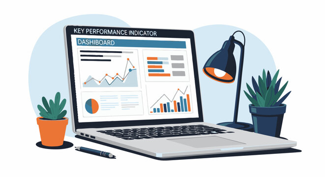 A laptop displays a key performance indicator dashboard with graphs and charts, surrounded by plants and a lamp