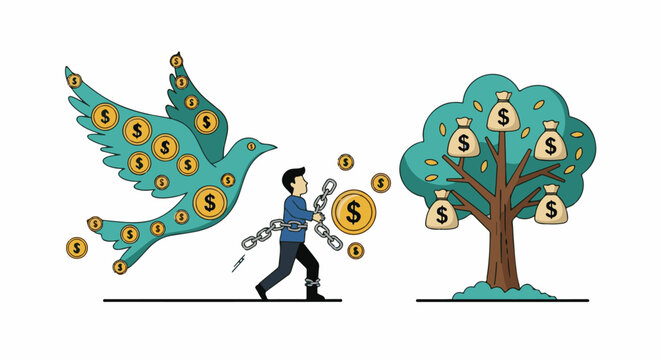 A man breaking free from chains to approach a money tree as a bird with coins flies away