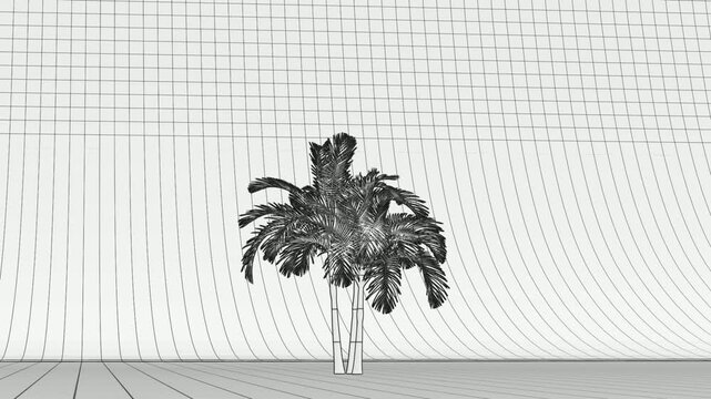 Abstract wireframe palm trees in 3D grid space featuring tropical vegetation, geometry, digital landscape, minimalist perspective and design.