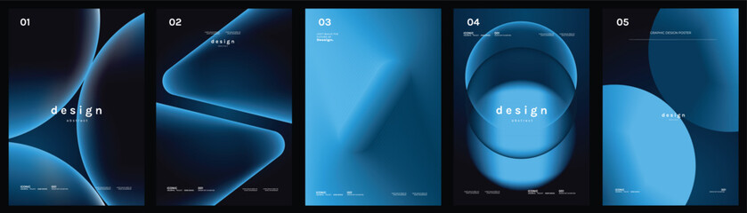 Naklejka premium Blue gradient poster templates vector set. Abstract dark cover designs with glowing fluid shapes, soft blur and futuristic geometric backgrounds for flyer and presentation layout.