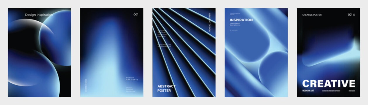 Blue gradient poster templates vector set. Abstract dark cover designs with glowing cyan shapes, soft blur, curved stripes and futuristic backgrounds for flyer and presentation layout.