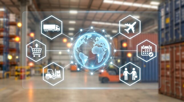 Global logistics and supply chain management interface with holographic icons for transportation and distribution floating over a warehouse environment for smart business solutions