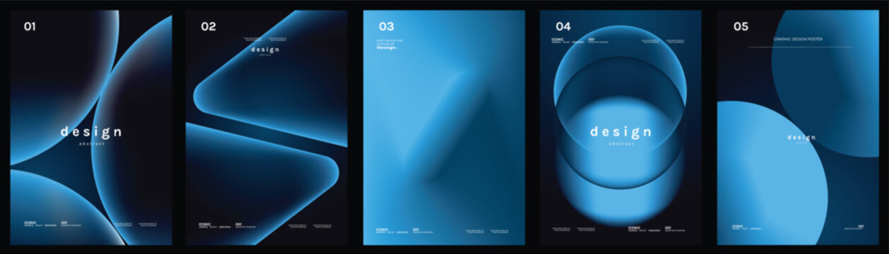 Blue gradient poster templates vector set. Abstract dark cover designs with glowing fluid shapes, soft blur and futuristic geometric backgrounds for flyer and presentation layout.