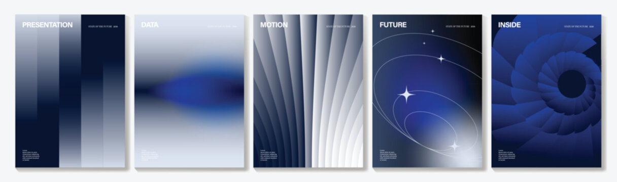 Abstract presentation cover templates vector set. Dark blue and silver gradient backgrounds with motion rays, spiral shapes and orbit lines for brochure, annual report and future design.