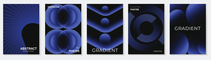 Obraz na płótnie Canvas Dark blue gradient poster vector set. Abstract black cover templates with glowing spheres, radial lines and futuristic geometric backgrounds for flyer, music and technology design.