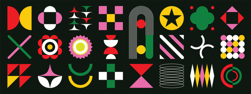 Abstract geometric vector elements set. Colorful modernist shapes and retro symbols on dark background for poster, cover, textile and graphic design.