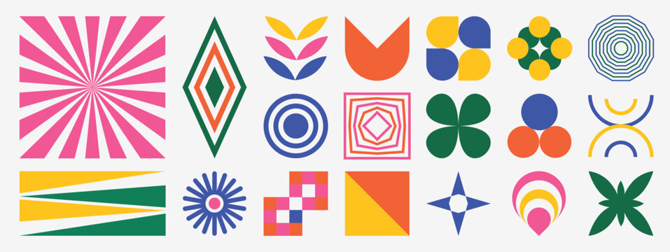 Abstract geometric vector elements set. Colorful modernist shapes, optical line patterns and retro symbols on white background for poster, textile and graphic design.