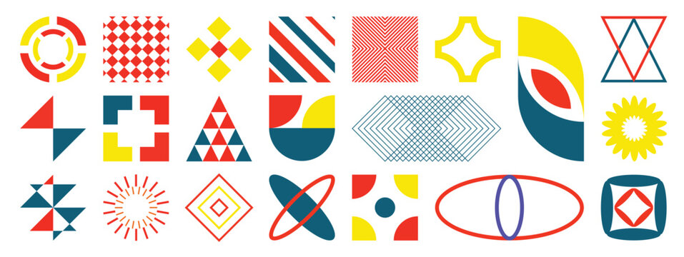 Abstract geometric vector elements set. Colorful modernist shapes, optical line patterns and retro symbols on white background for poster, textile and graphic design.