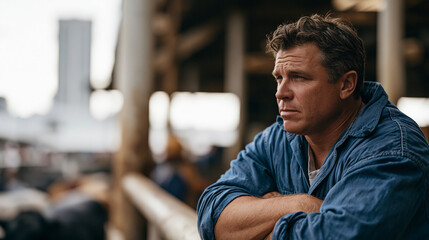 Obraz premium A livestock auction worker in a barn walkway pauses between sales, leaning on a rail and staring at the animals below, the industrial scale of the facility contrasting with the