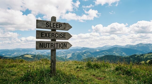 Wooden signpost with sleep, exercise, and nutrition text on a mountain landscape background