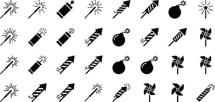 Explosive celebration icon set, pyrotechnic devices silhouette vector, sparklers firecrackers and rocket symbols, festive fireworks and bomb icons isolated on white background.