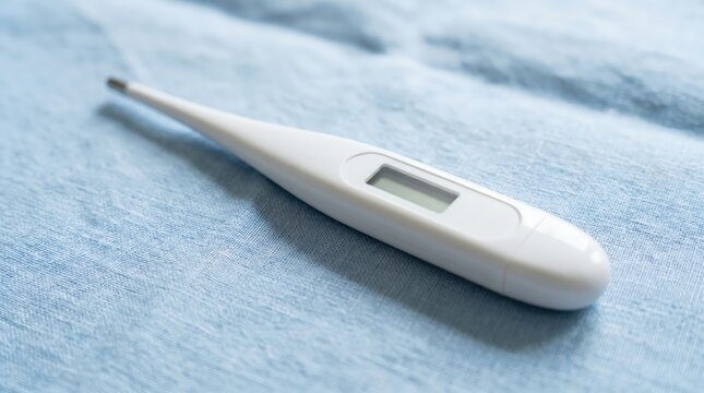 Digital thermometer resting on blue fabric textile for medical temperature measurement during illness in home bedroom setting